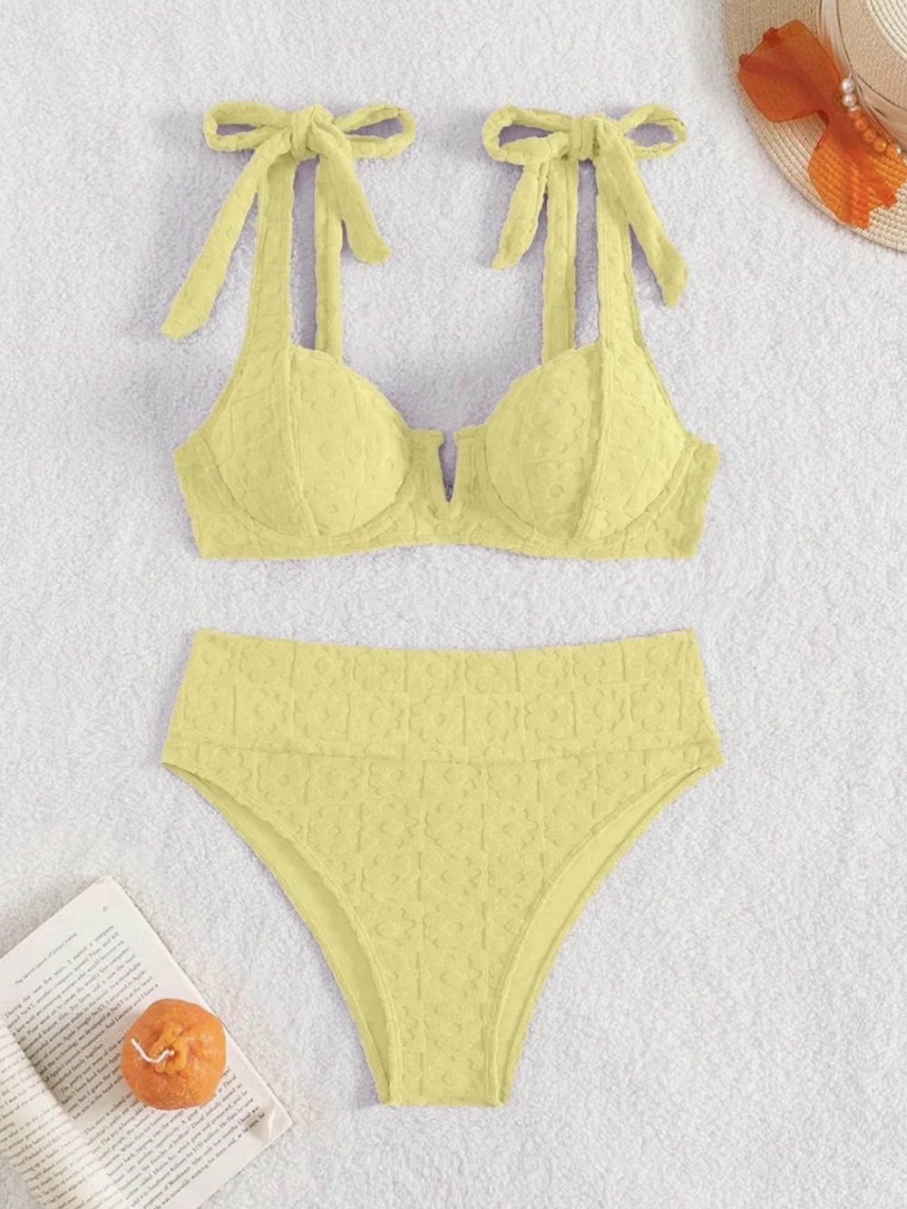 Yellow Floral Textured Tie Bow Underwire High Waisted Bikini Set Size L Like-New